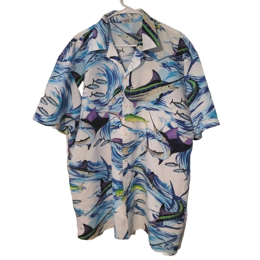 High Seas Trading 2XL Button Down Shirt Sail Fish Sword Fish Ocean Water White